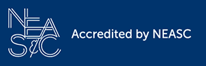 A blue logo that says accredited by neasc