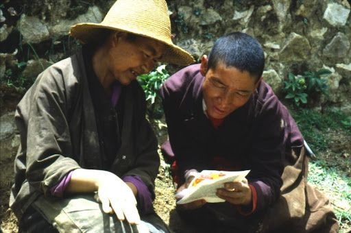 Tibetan nuns reading a gospel booklet. [Julian Hawken]