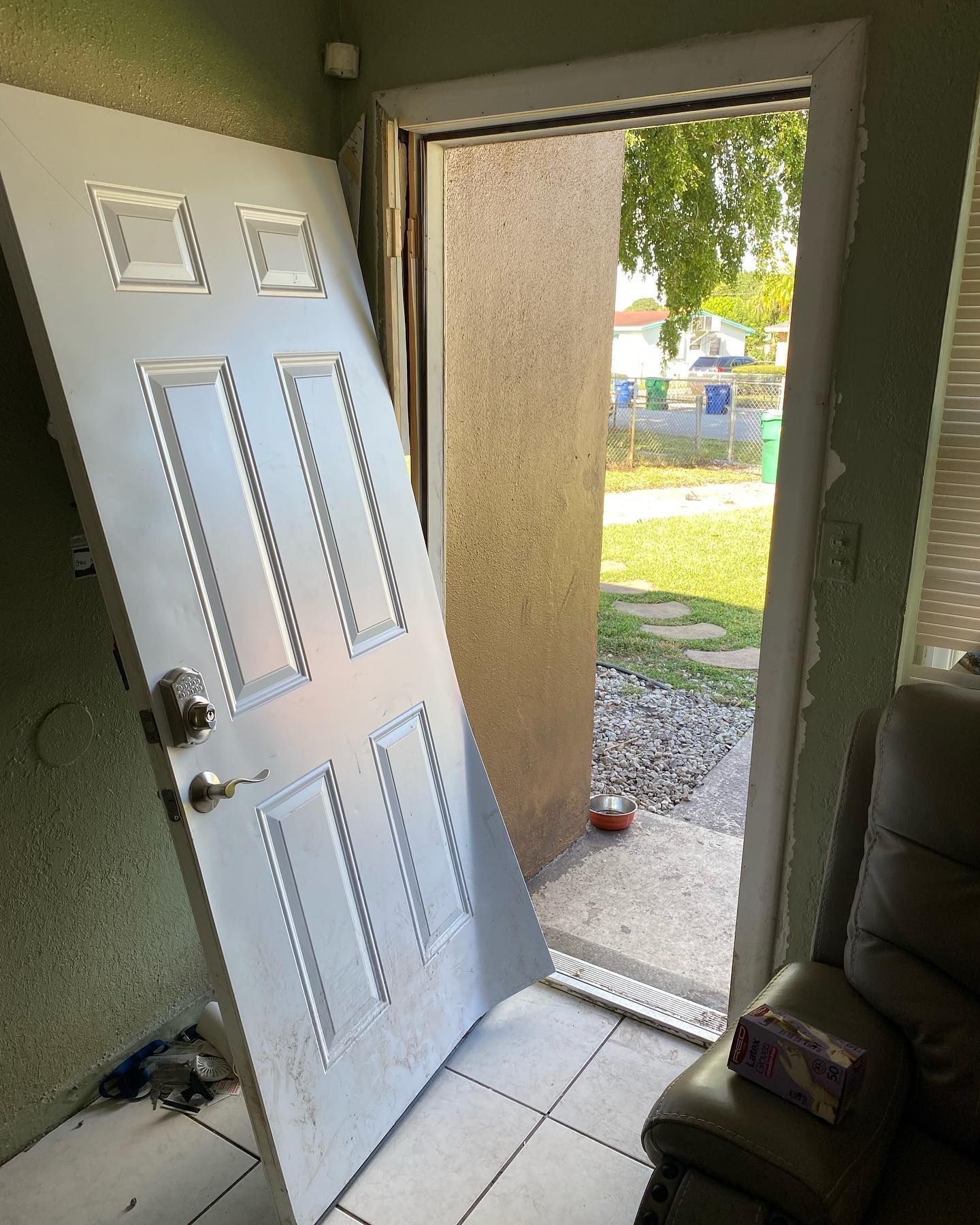 White door leaning against wall; open doorway leads to backyard with green grass and trees.