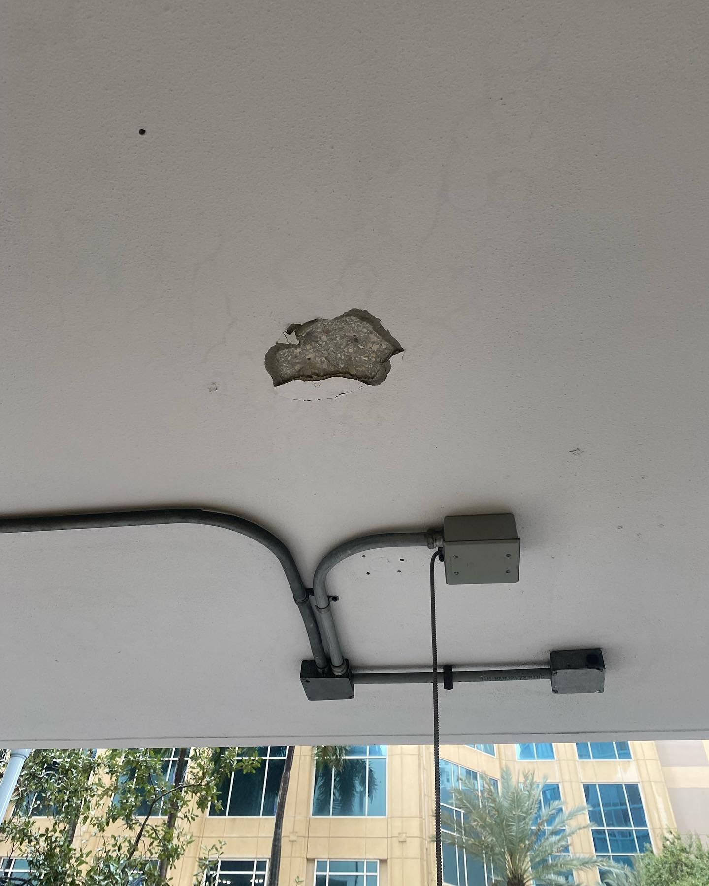 White ceiling with damaged plaster, electrical conduit, and windows.