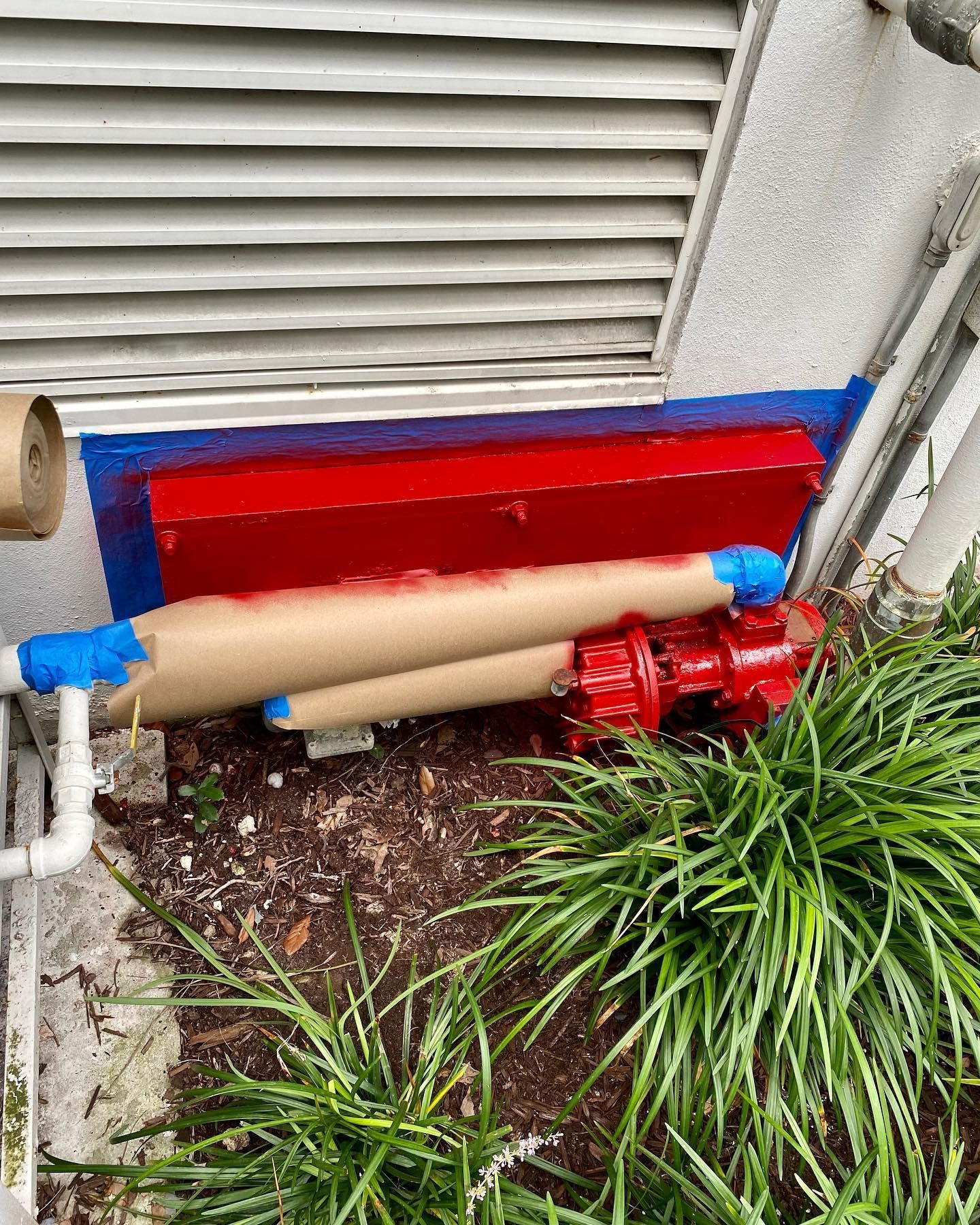 Red fire hydrant with cardboard tubes and painted red box, near green plants and a wall.