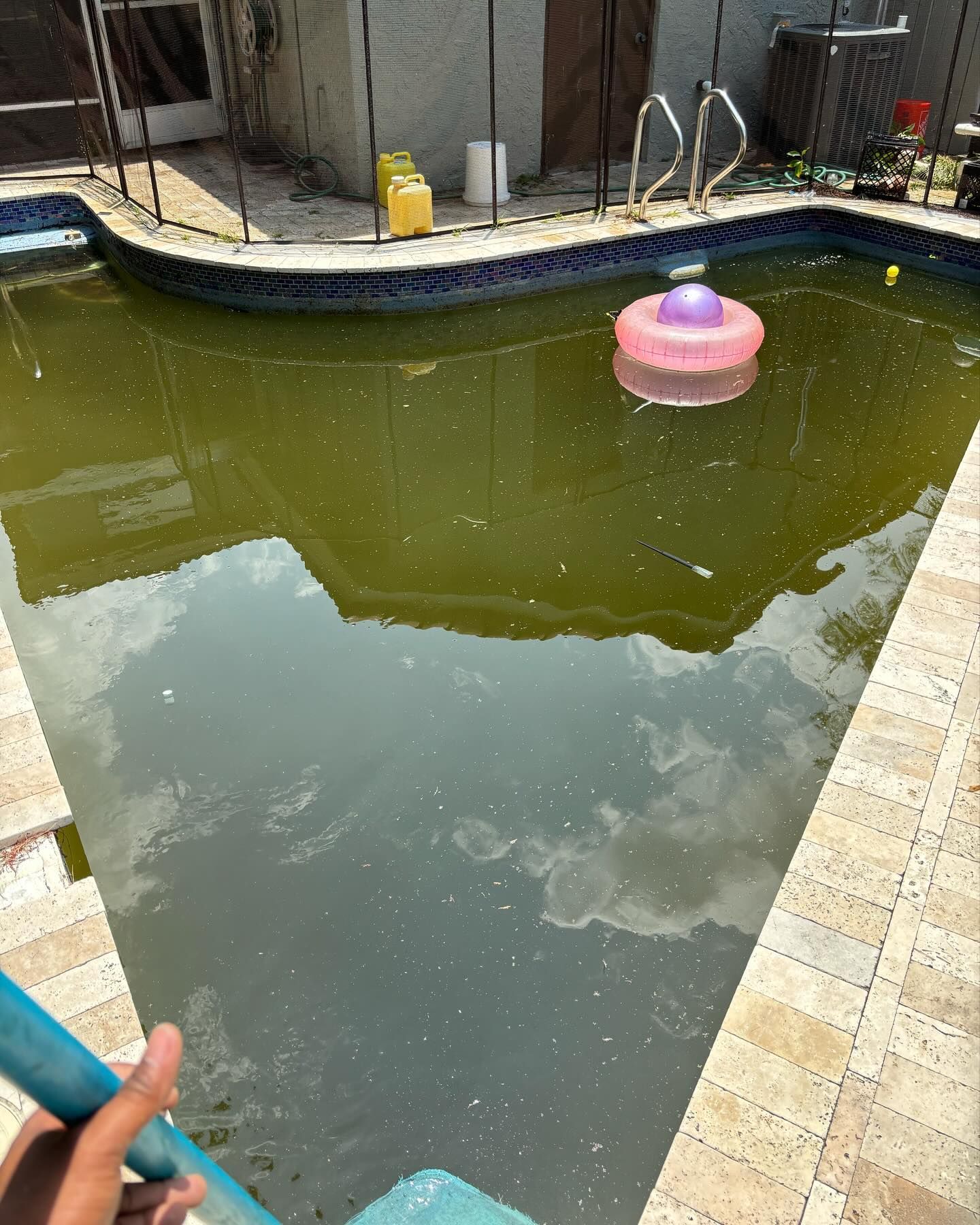 A dirty pool with a pink floatie, ladder and light blue handrail, reflecting clouds in the murky water.