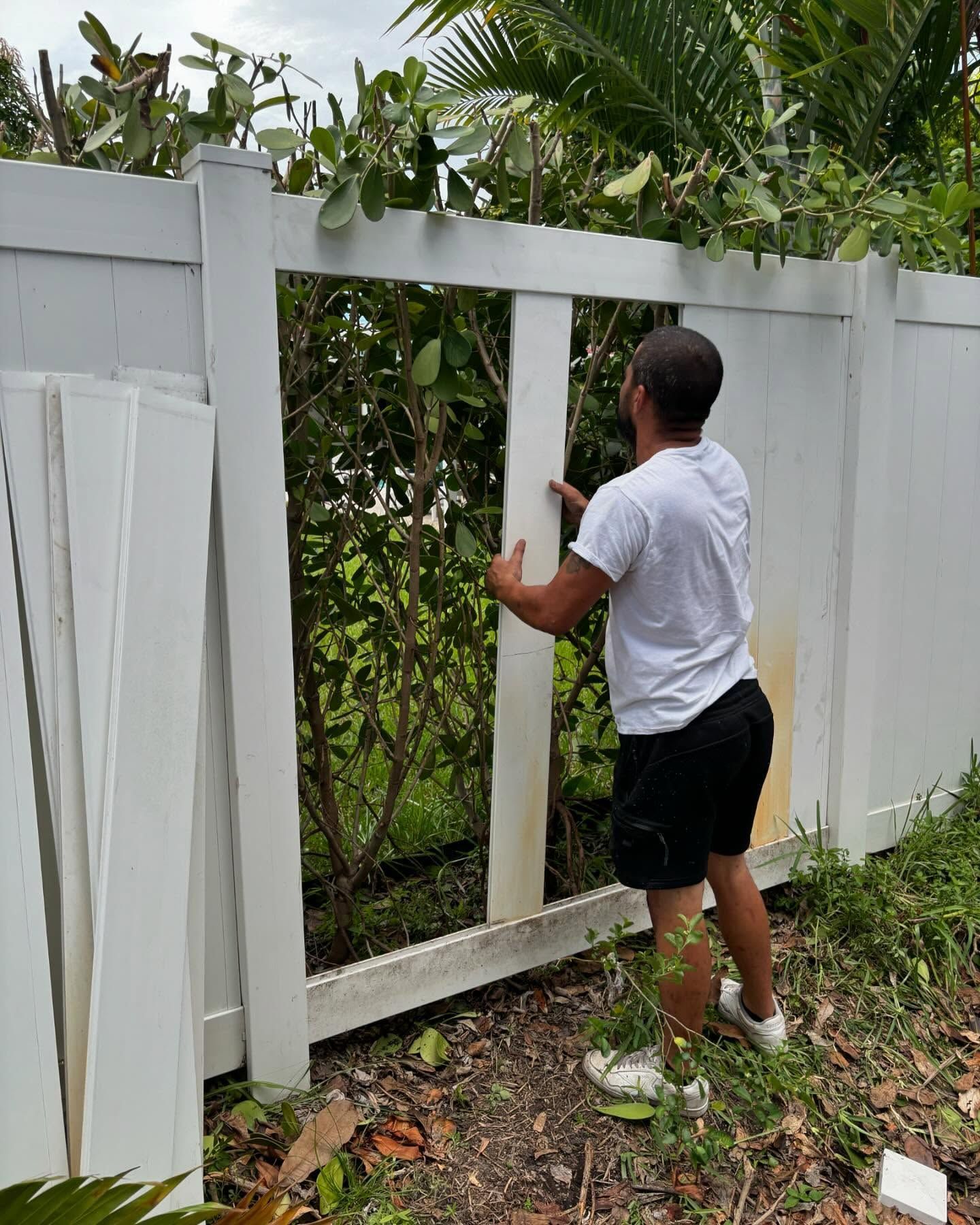 Man installs a white fence panel. Outdoors, foliage and a partially built fence are visible.