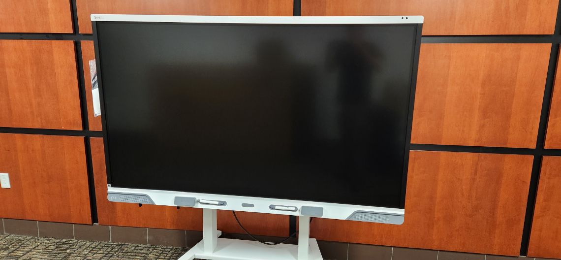 Black flat-screen TV on a white stand against a wood-paneled wall.
