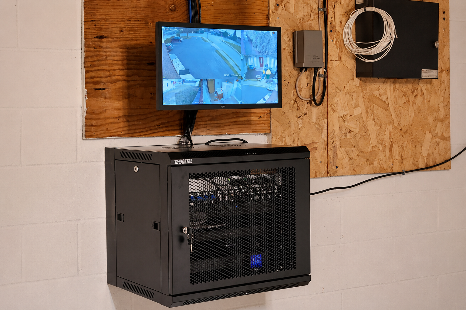 Wall-mounted monitor above a black computer case in a workshop with plywood backing.