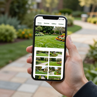 Hand holding a smartphone showing a garden webpage with flower and landscape photos