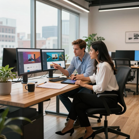 Two coworkers collaborating at a desk in a modern office, reviewing designs on dual monitors.