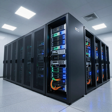 Rows of black server racks in a bright data center, with blue indicator lights and visible cables.