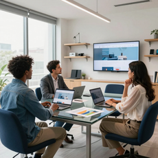 Business team in a bright meeting room discussing a presentation on a wall-mounted screen