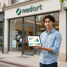 Man standing outside a nadart storefront, holding a tablet with colorful analytics charts