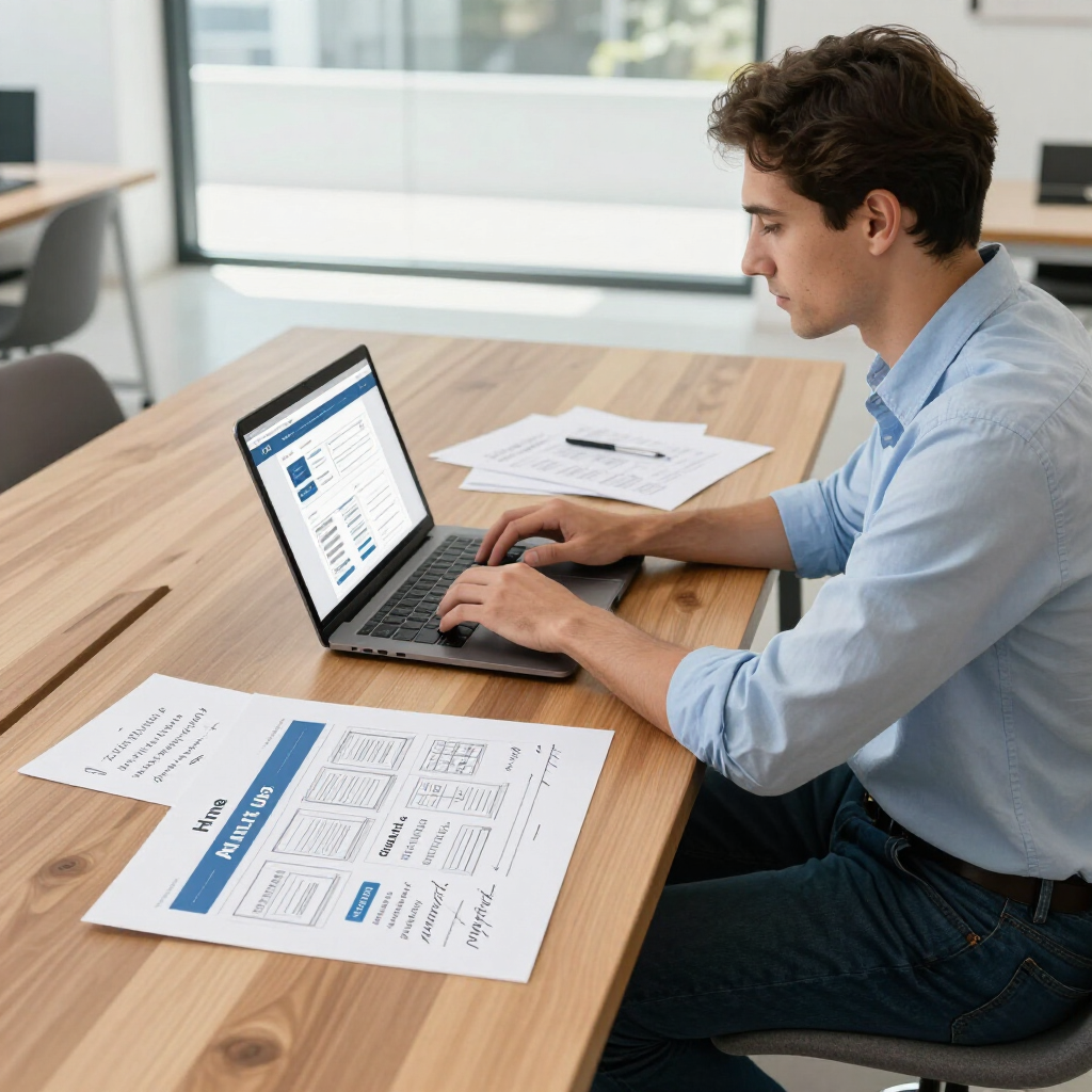 Man using a laptop at a conference table with printed reports in a bright office