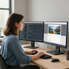 Person coding at a desk with dual monitors in a bright office