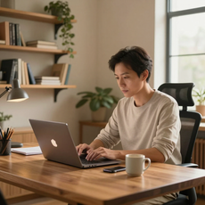 Person working on a laptop at a wooden desk in a bright home office
