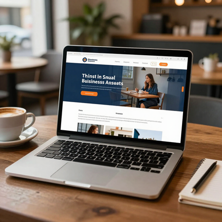 Laptop on café table displaying a business website, with coffee cup and notebook nearby