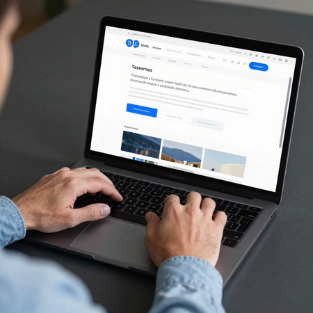 Hands typing on a laptop displaying a travel booking website on a white desk