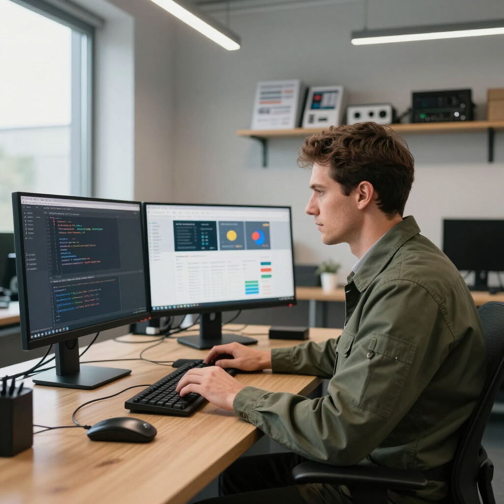Person working at a desk with dual monitors in a modern office, coding on one screen and dashboard on the other