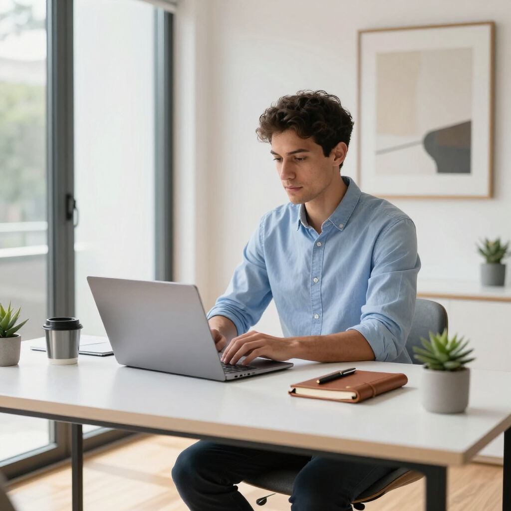 Person typing on a laptop at a desk in a bright office with a coffee cup, notebook, and small plants.