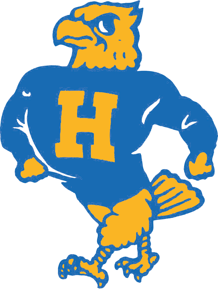 a blue and yellow eagle with the letter h on its chest logo for hutch high school