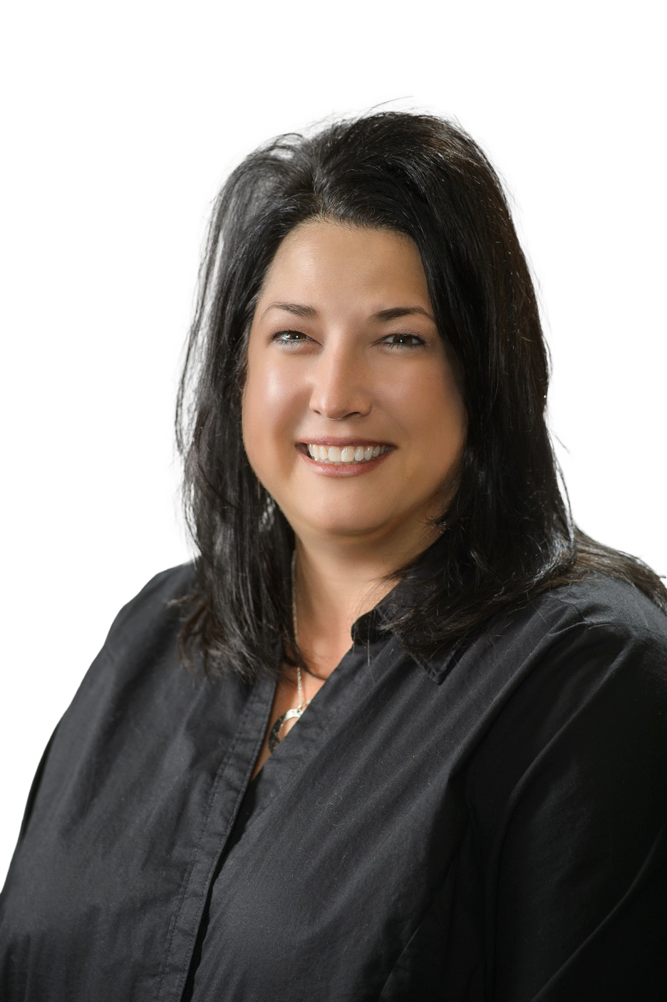 a woman in a black shirt is smiling for the camera