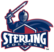 a blue knight holding a sword and blue and red shield logo for Sterling college