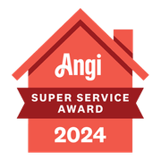 Angi Super Service Award 2024 badge in red with house shape and banner. Includes 