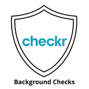 Checkr logo inside a shield, teal text on white background. Background Checks text below.