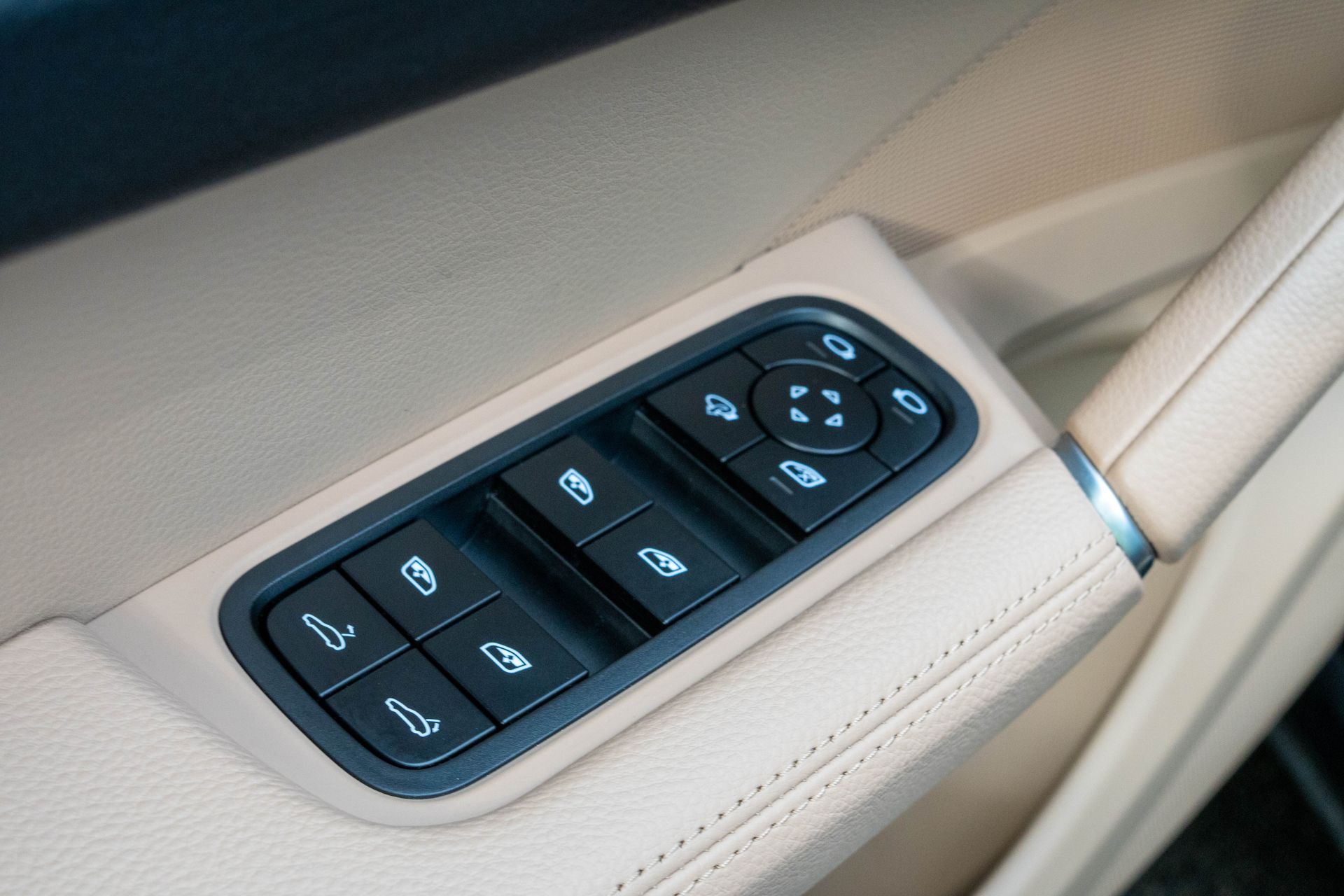 Black door buttons on light cream leather trim after cleaning