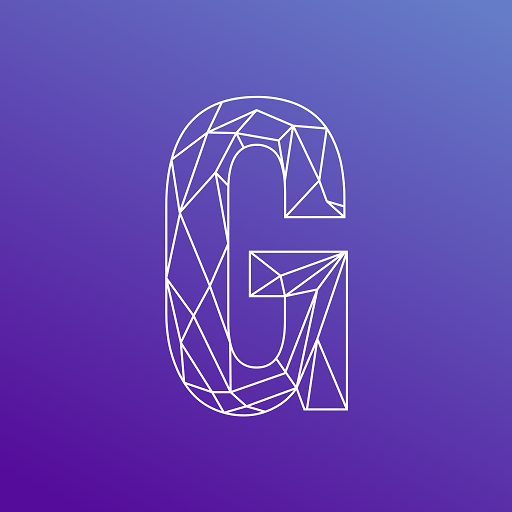 The letter g is made of triangles on a purple background.