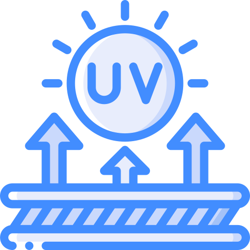 A blue icon of a sun with arrows pointing up.