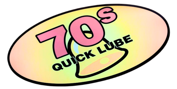 Logo for "70's Quick Lube": Pink "70's" text inside a black oval with black text "Quick Lube" below.