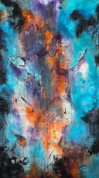 expressive abstract painting of two figures in dark colours and teal highlights