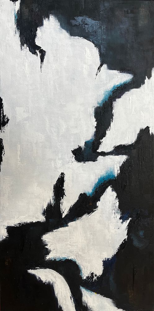 Black and white abstract oil painting of a figure with blue accents.