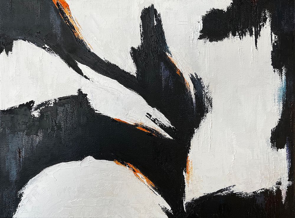 black and white oil painting with orange accents of abstracted figure