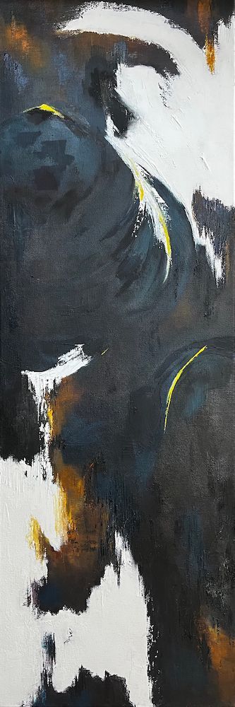 Black oil painting with figure abstracted in whites and yellows