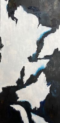 black and white abstract painting of figures with blue accents