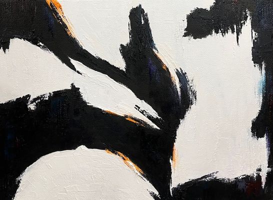 black and white abstract painting of figures with orange accents