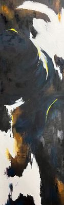 black and white abstract painting of figures with yellow accents