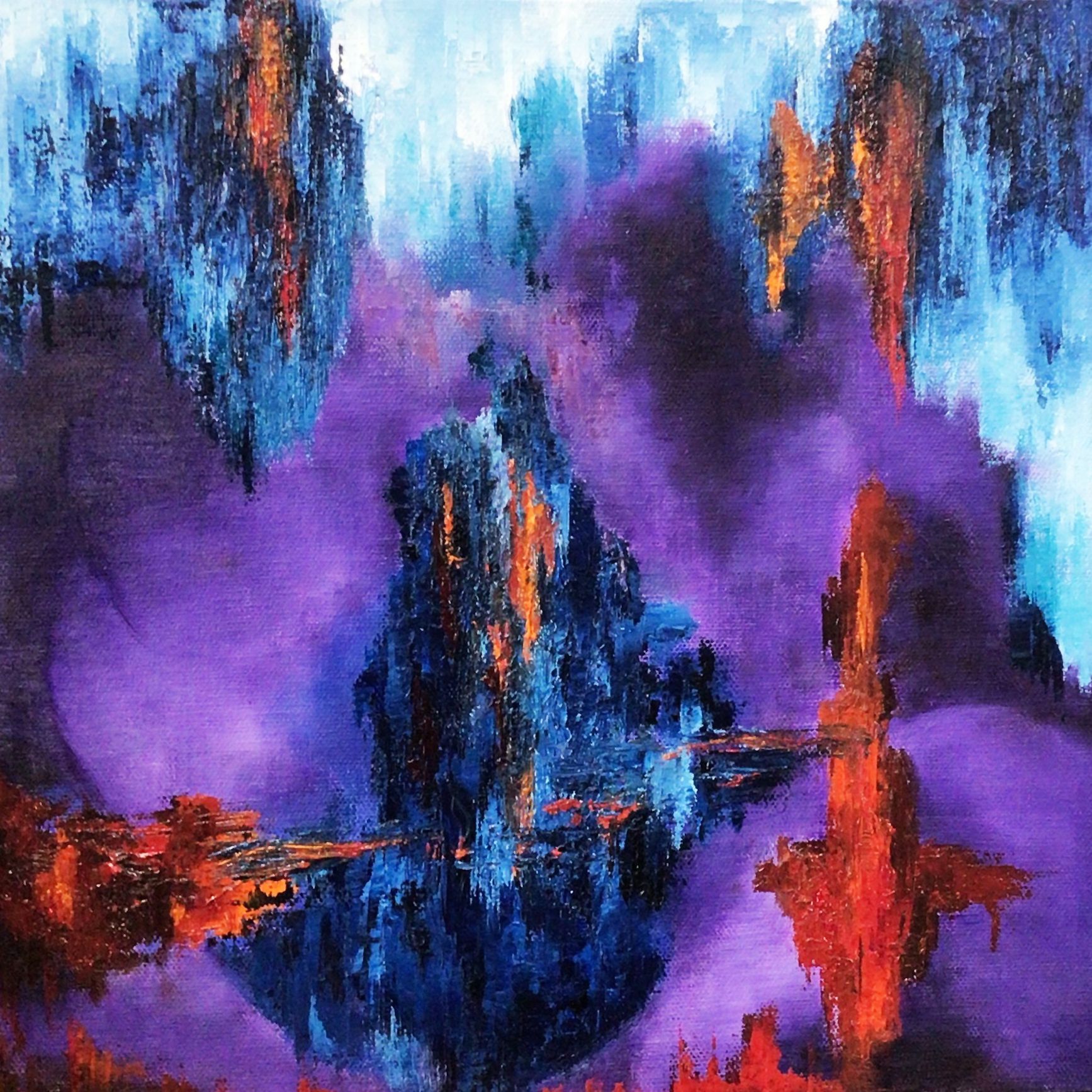 abstract view of two heads together in purples and blues