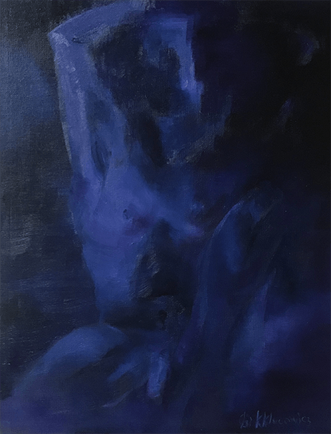 male nude, small painting, blue painting, dark painting, introspective