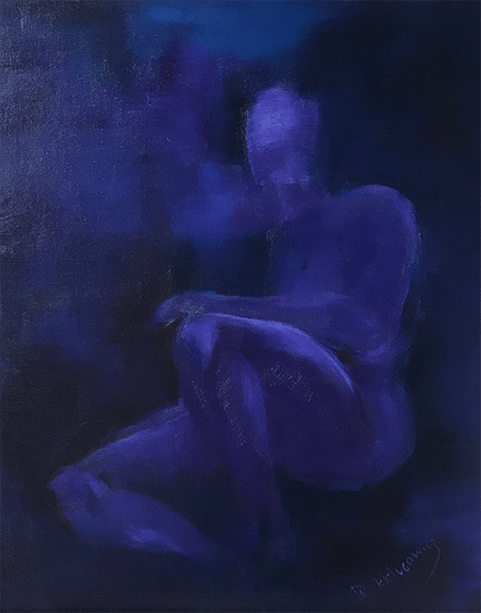 male nude, small painting, blue painting, dark painting, introspective