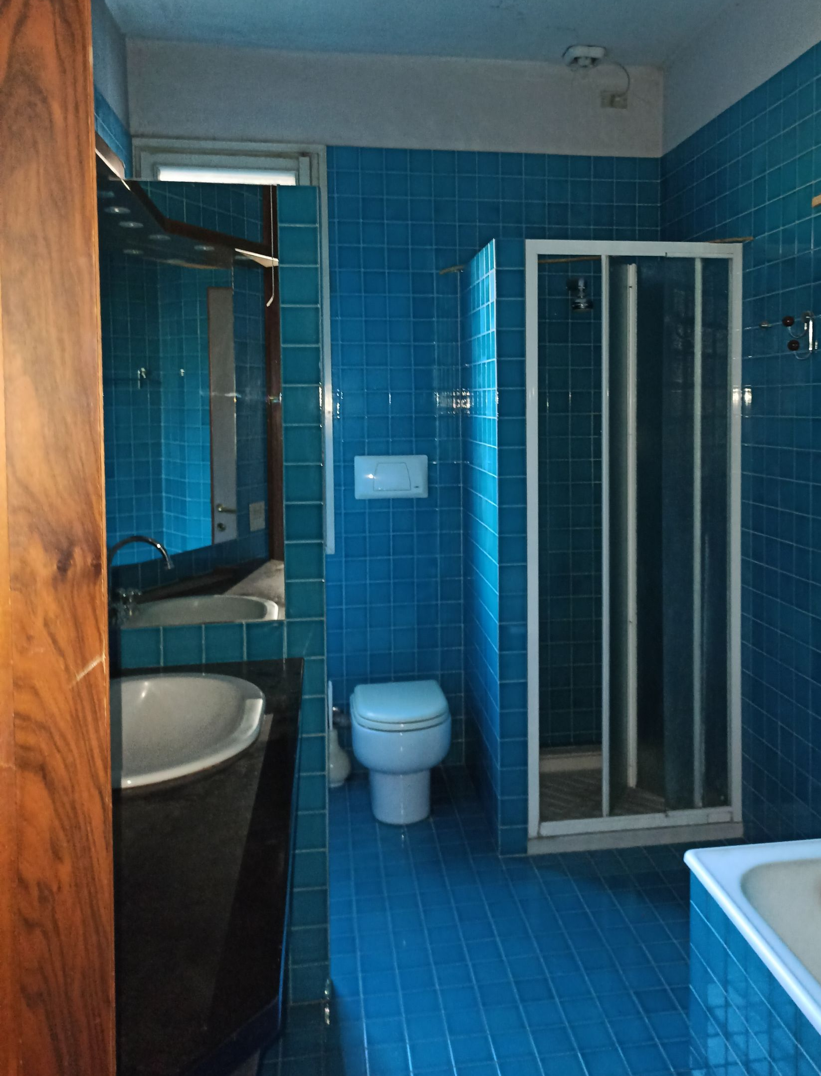 Bagno piastrellato di blu con doccia, WC e lavandino. Sulla sinistra si trova una porta con stipite in legno scuro.