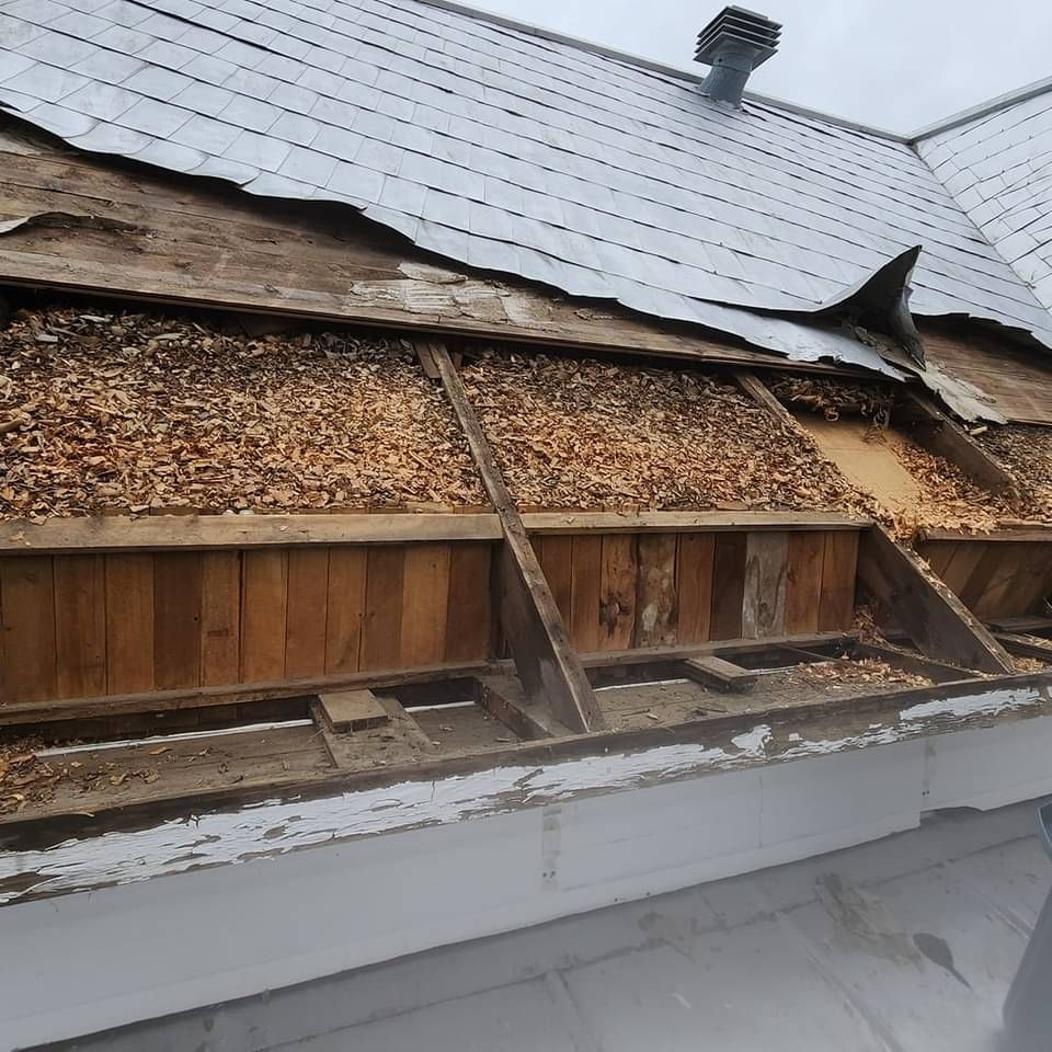 Un toit avec beaucoup de copeaux de bois dessus