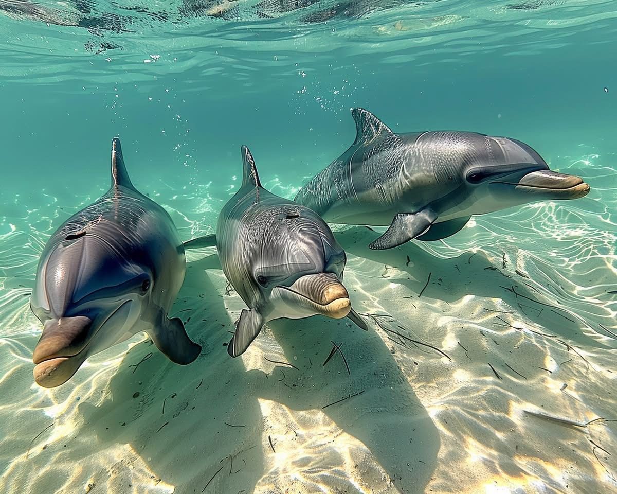 Three dolphins are swimming together in the ocean Three dolphins are swimming together in the ocean