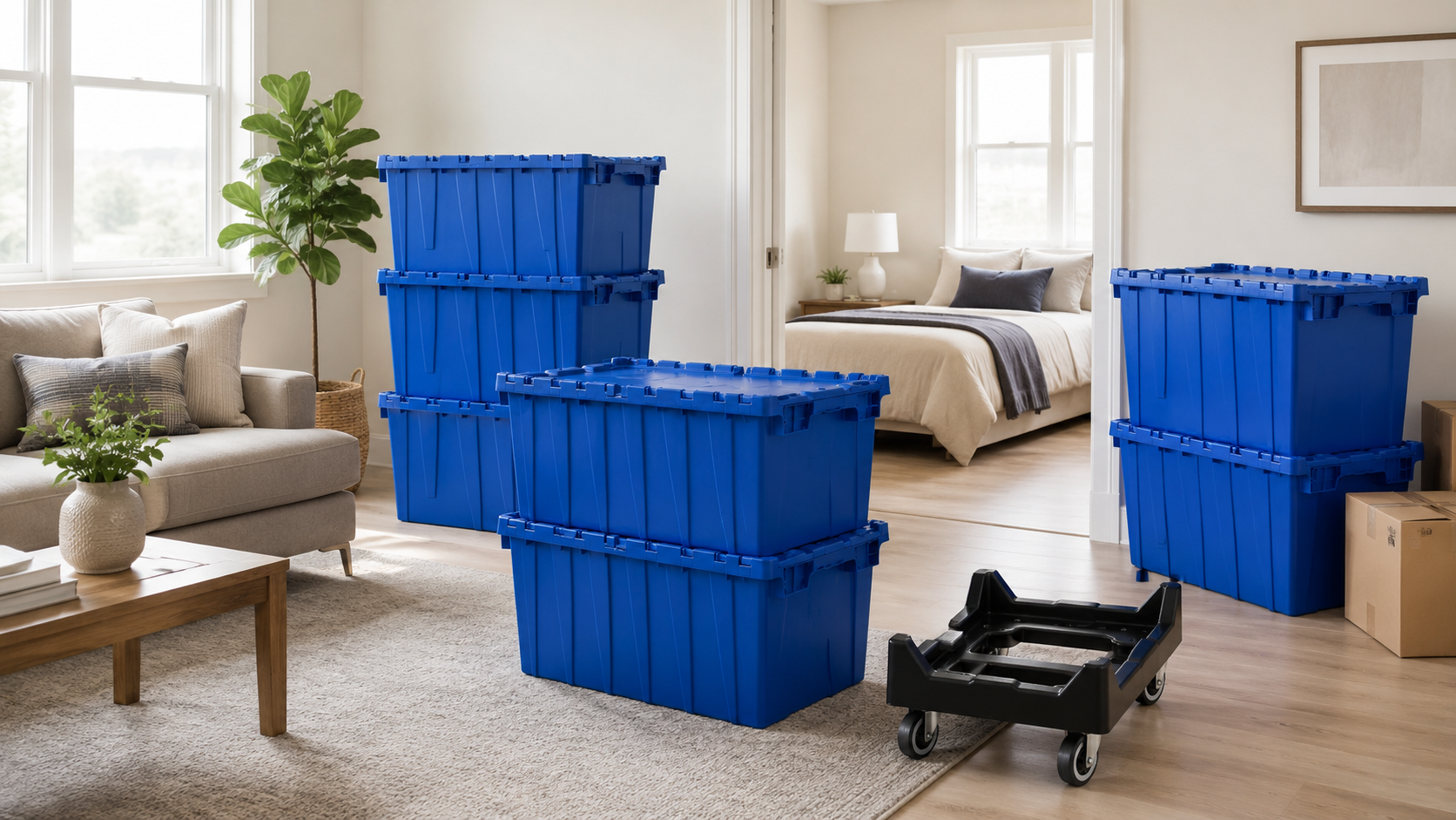 Blue reusable moving totes and a black rolling dolly prepared for a 2-bedroom apartment move in Richmond, VA.
