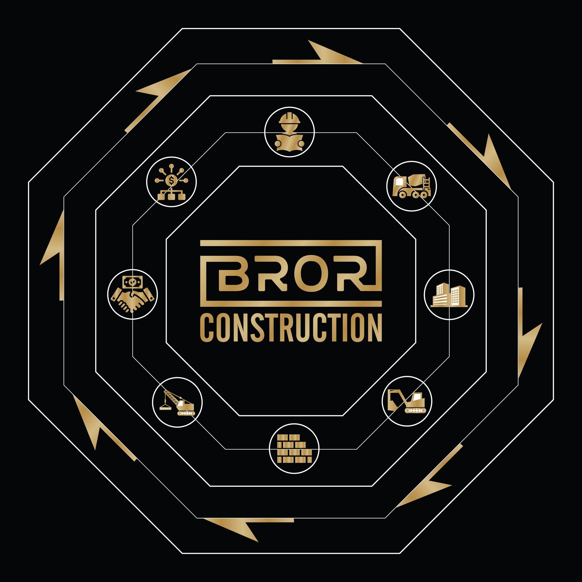 BROR Construction logo: gold text and icons within an octagonal frame on black.