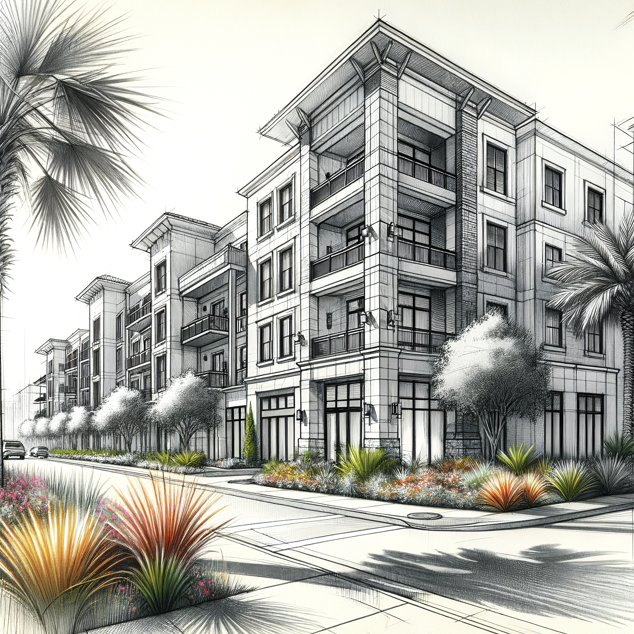 Architectural sketch of a multi-story building with balconies, trees, and landscaping along a street.
