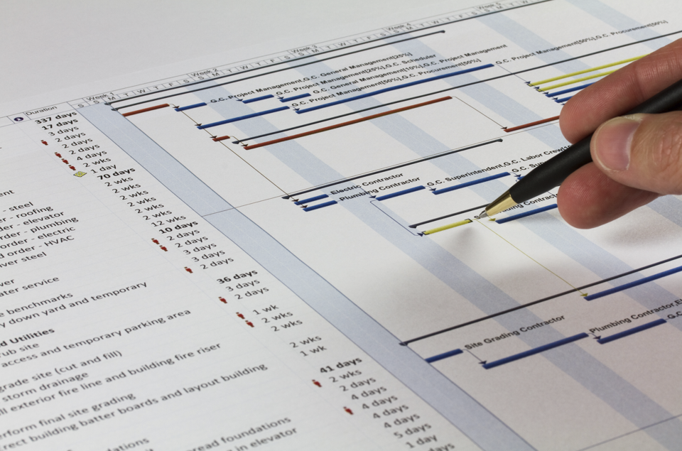 A person's hand with a pen pointing at a construction project Gantt chart on a desk.