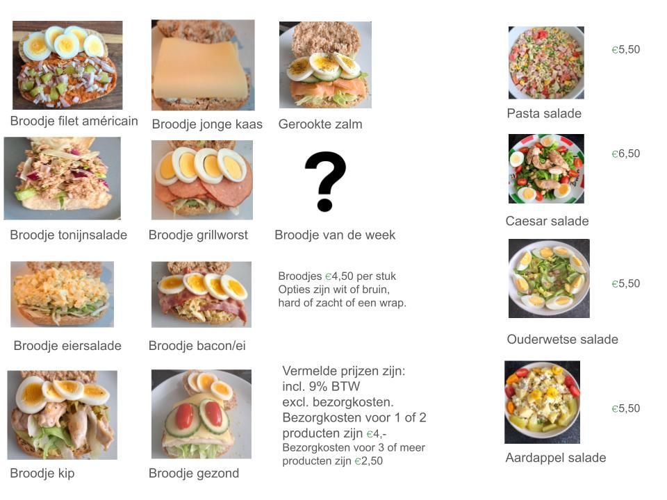 Menukaart met sandwiches en salades, inclusief foto's, namen en prijzen; één item wordt weergegeven als een vraagteken.