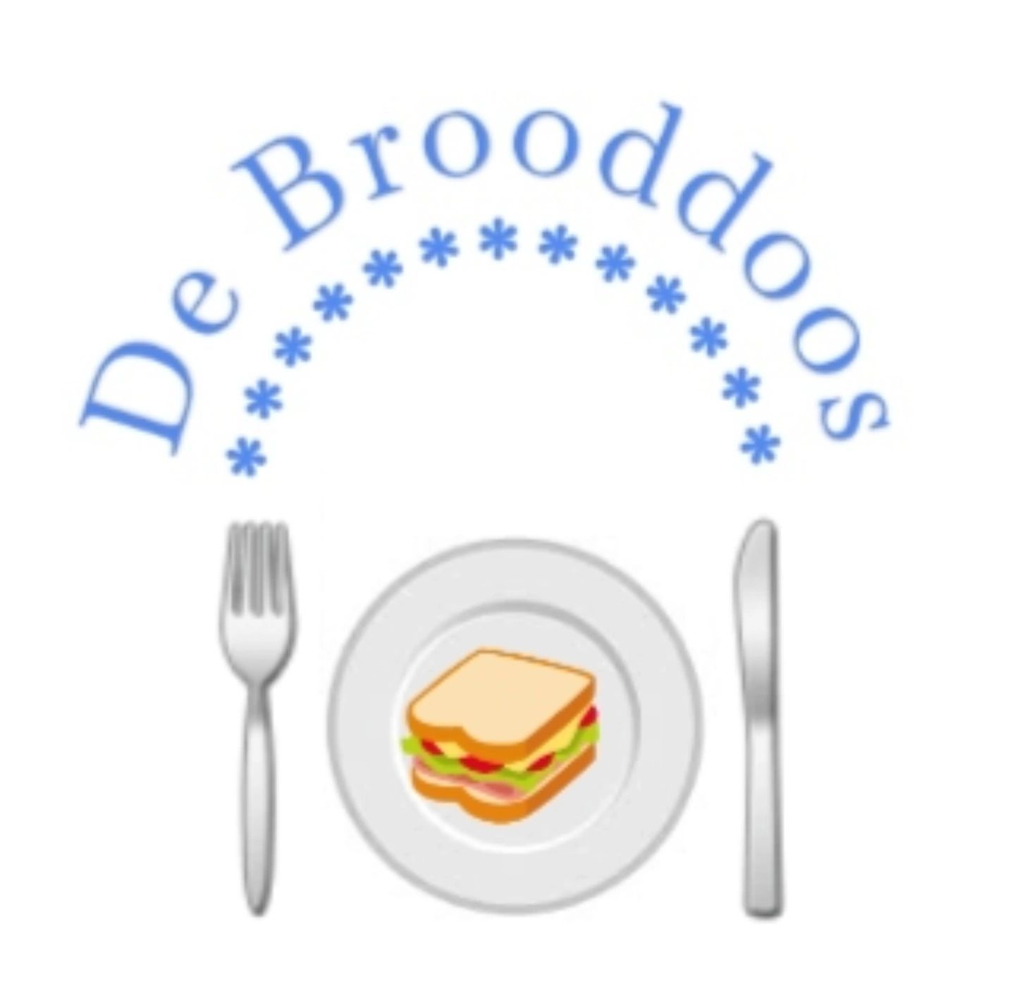 Het logo van De Brooddoos met een sandwich op een bord, een vork en een mes, en blauwe sterren die erboven in een boog staan.
