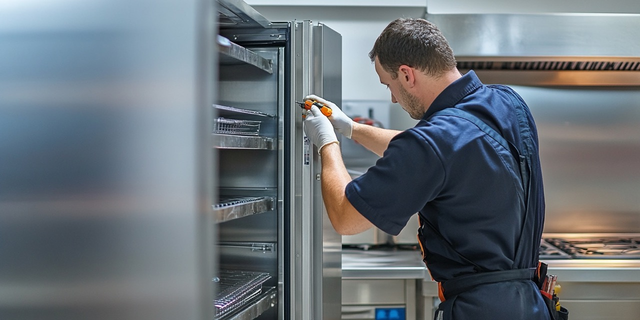 Man in blue work clothes and gloves fixing a commercial refrigerator in a kitchen.